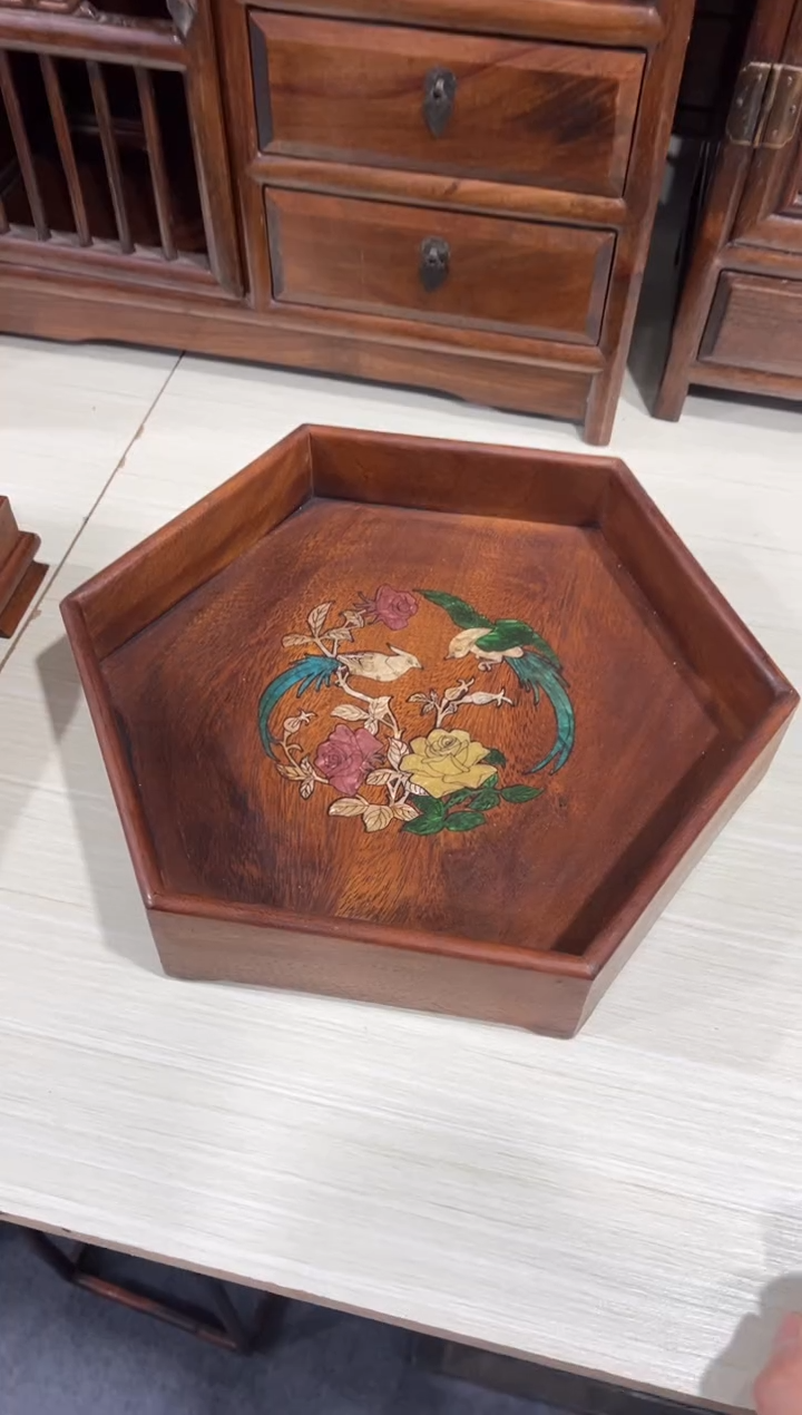 木8**6木花梨木螺钿镶嵌六角储物盘花开富贵