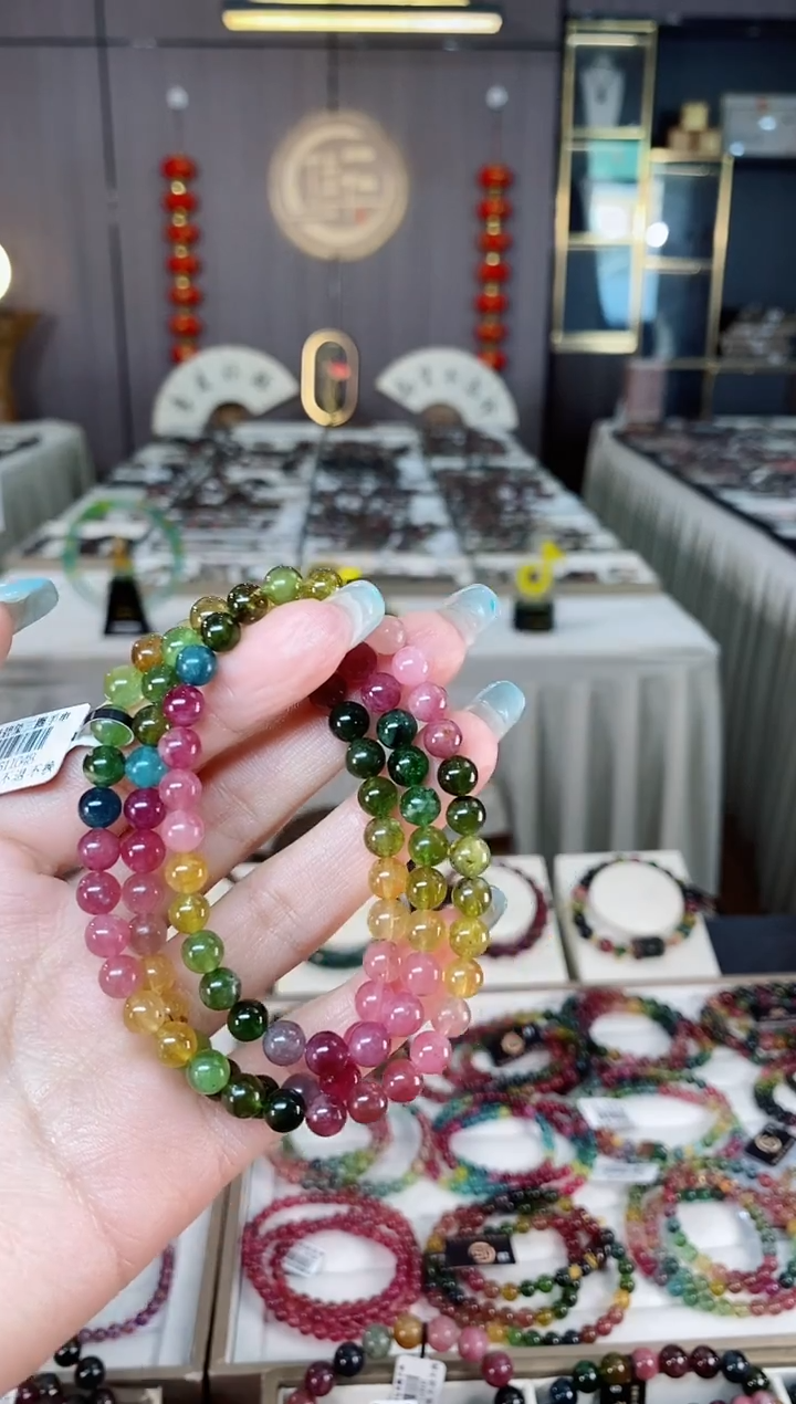 未镶嵌老矿碧玺彩虹冰体三圈手串6mm+碧玺多样性发一条mz