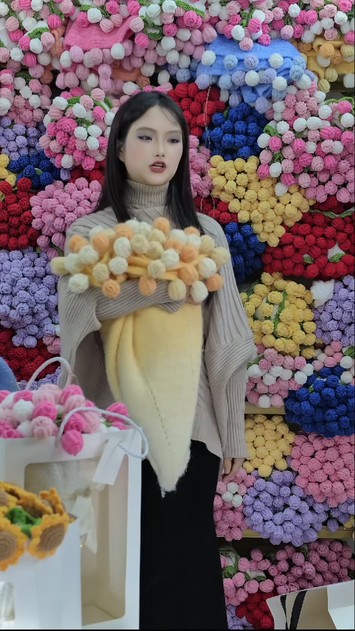 羊驼毛手工渐变三色玫瑰花毯子