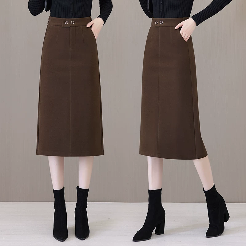 7705【裙长73】后开叉毛呢半身裙女秋冬新款显瘦中长款包臀裙【A3】