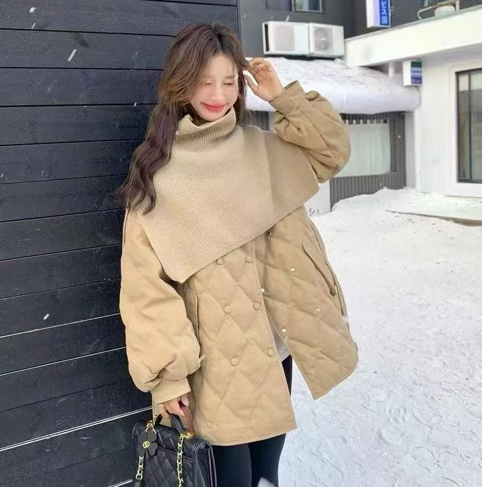 韩版时尚显瘦针织围脖冬季收腰宽松菱形格双排扣外套