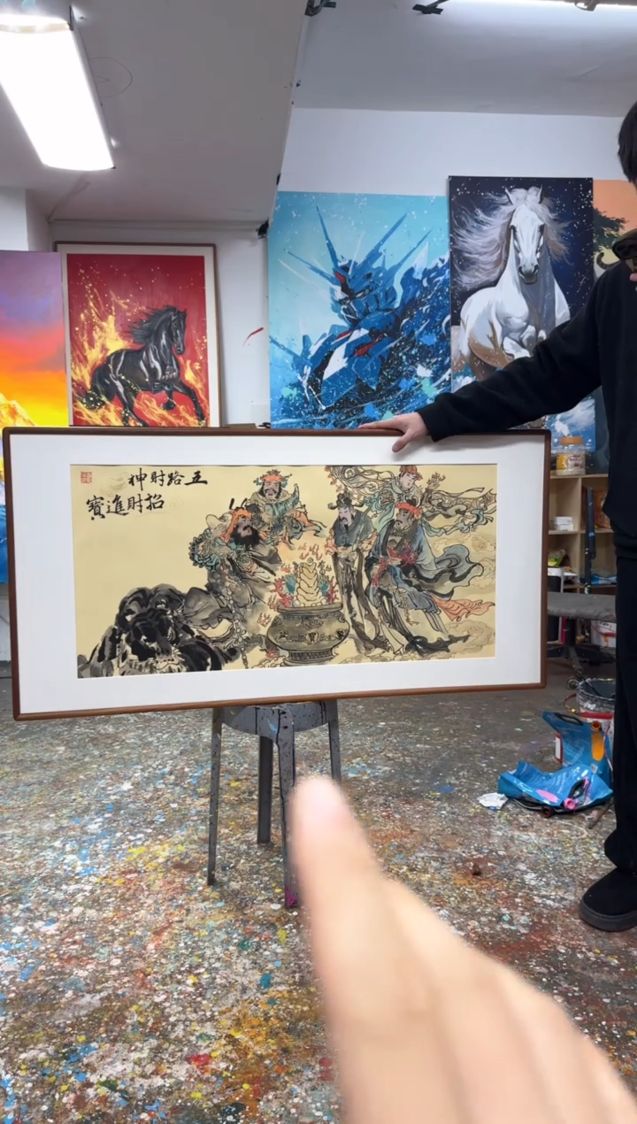 丙烯画简**单五路财神精装裱