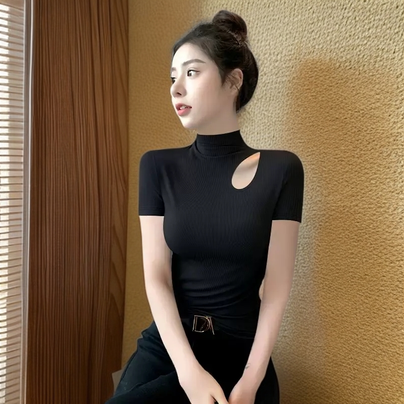 别语夏季设计感小众肩镂空新款短袖2025黑色正女半高领t恤显瘦