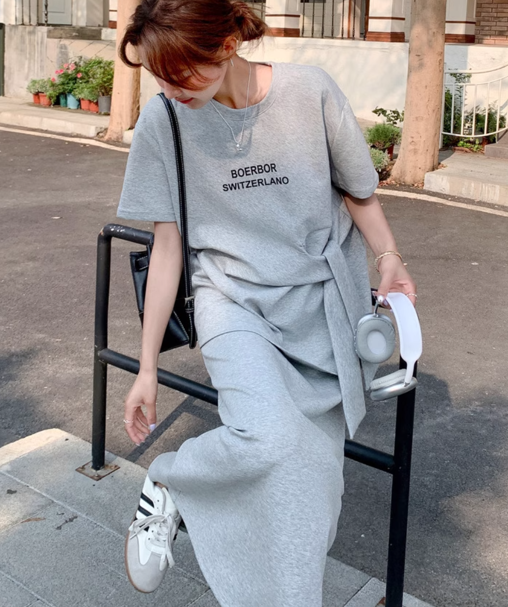 休闲运动灰色T恤半身裙套装女夏2025新款学院风两件套时尚高级感