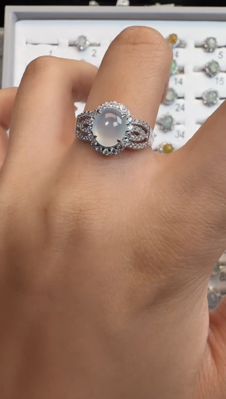 银S925镶嵌戒指翡翠925银镶A货翡翠戒指119