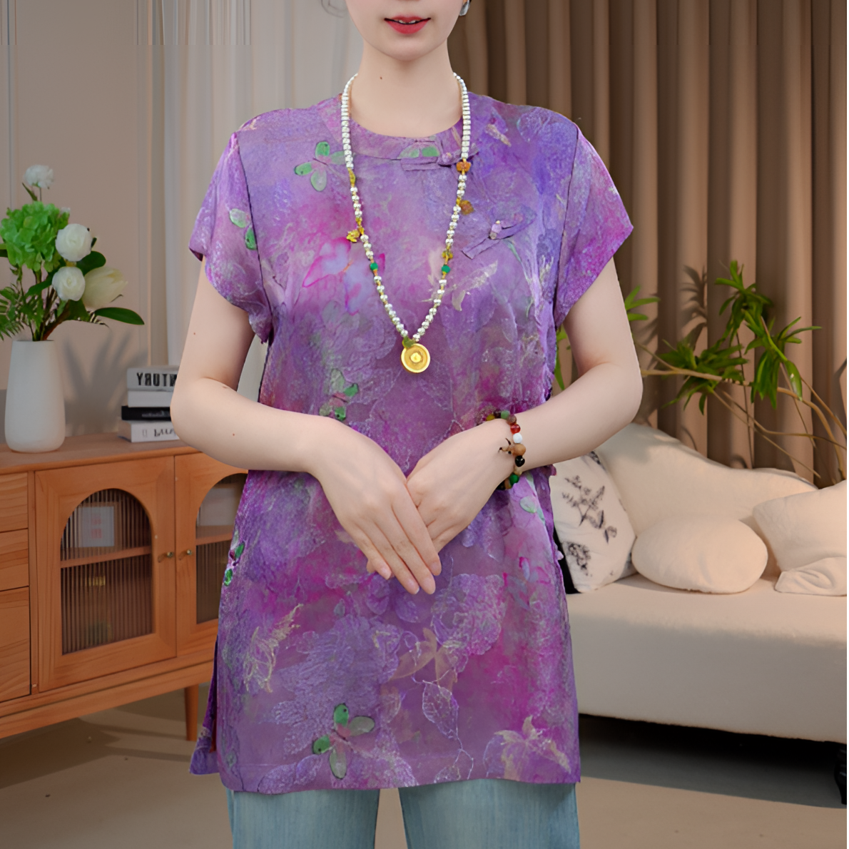 【紫霞】夏季新款上衣小衫新中式女装立领飞袖小衫2025B1198-七月