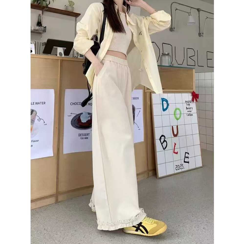 格子推荐~日系慵懒风高腰花边松紧腰阔腿裤8911