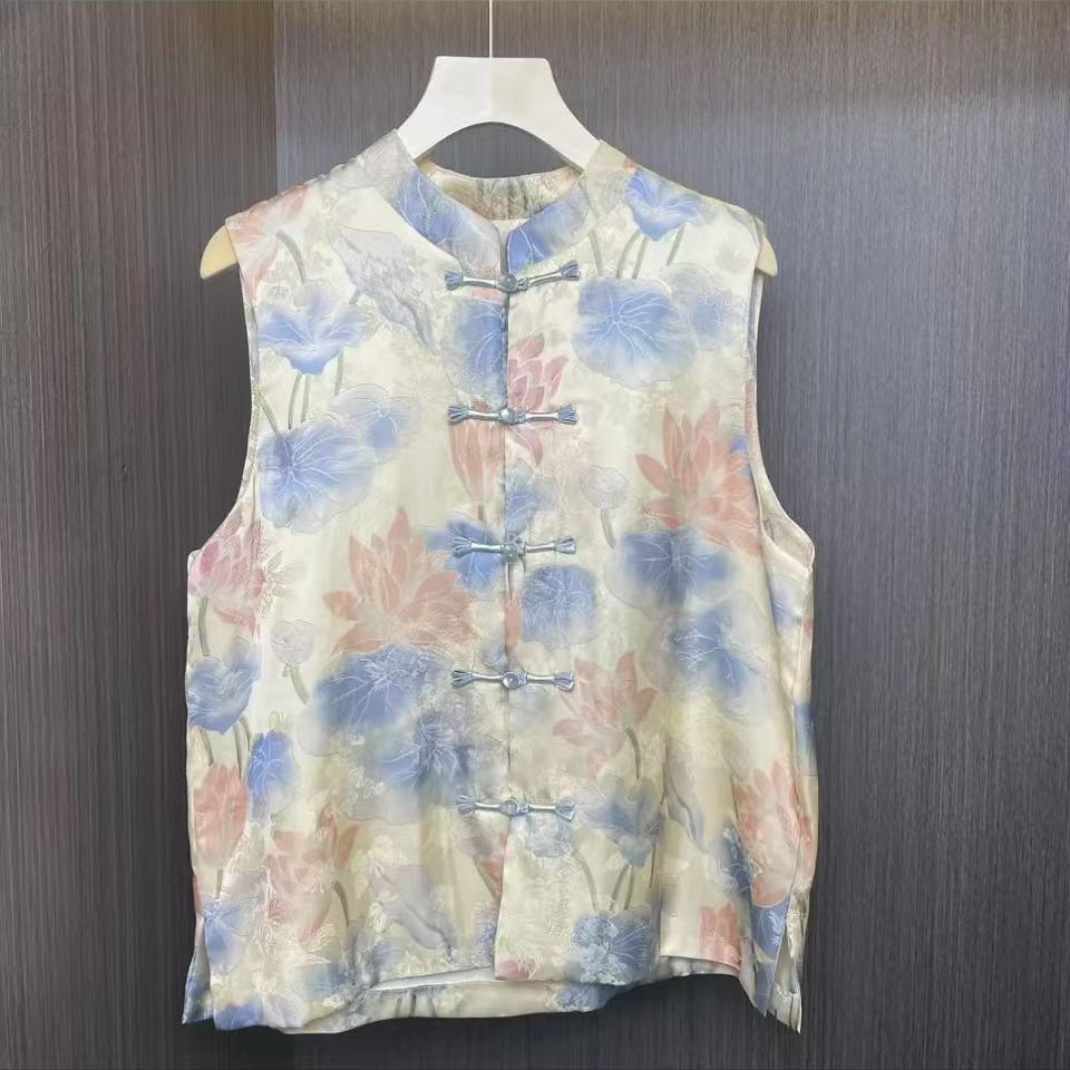 人丝荷蝶夏季芙蓉蝴蝶提花马夹中国风双层渐变宽松百搭时尚