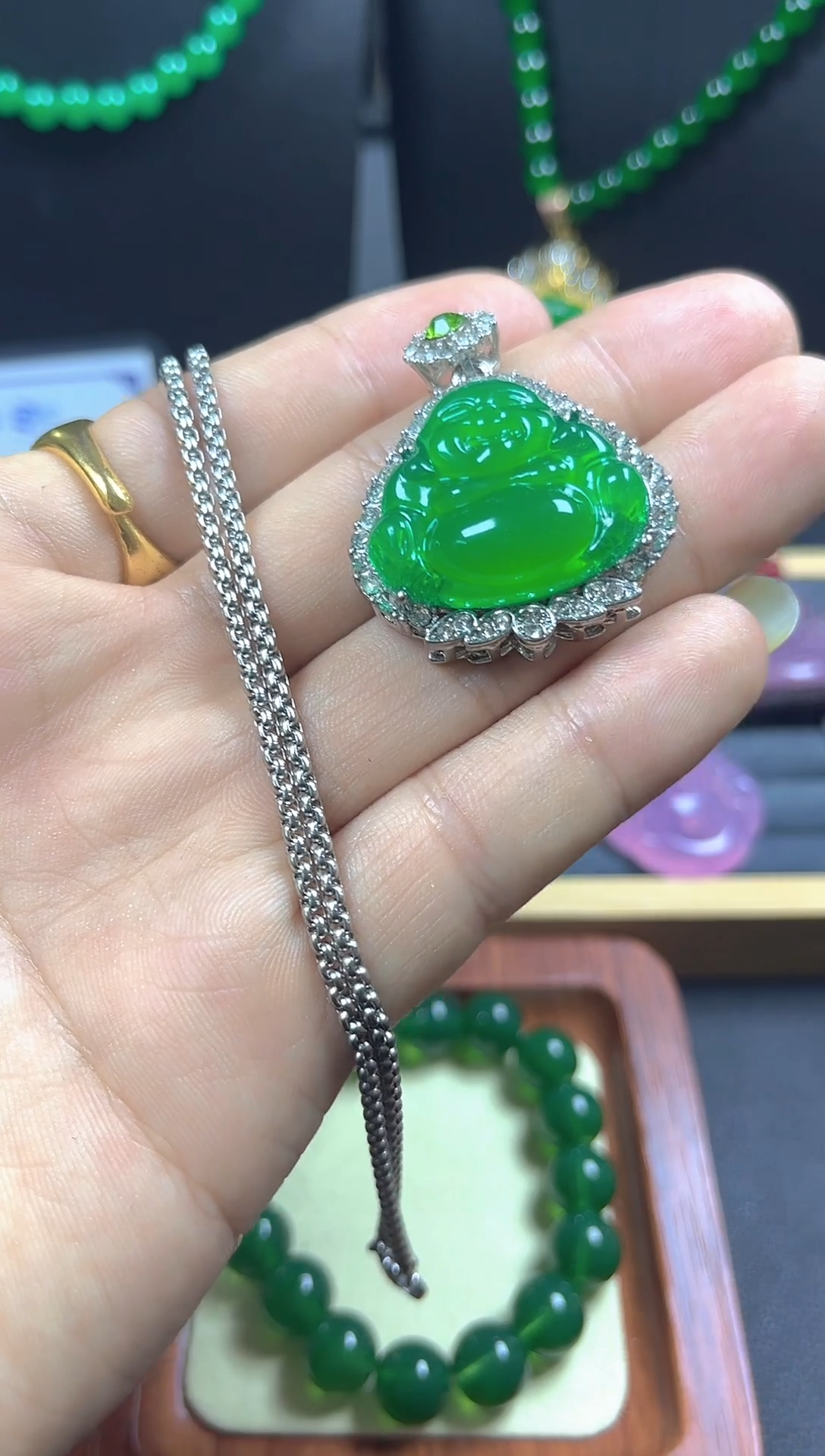 银S925镀金镶嵌戒指翡翠佛公