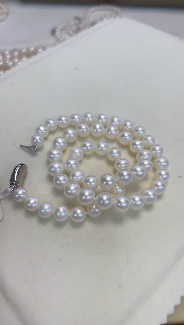 颈饰银S925镶嵌淡水珍珠7.5-8.5mm无核白珠项链