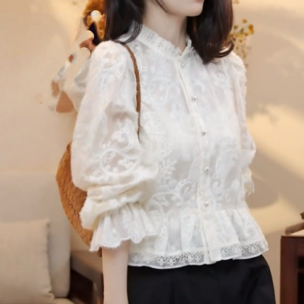 法式设计感重工蕾丝镂空花苞袖长袖衬衣秋冬新款女士时尚复古衬衫