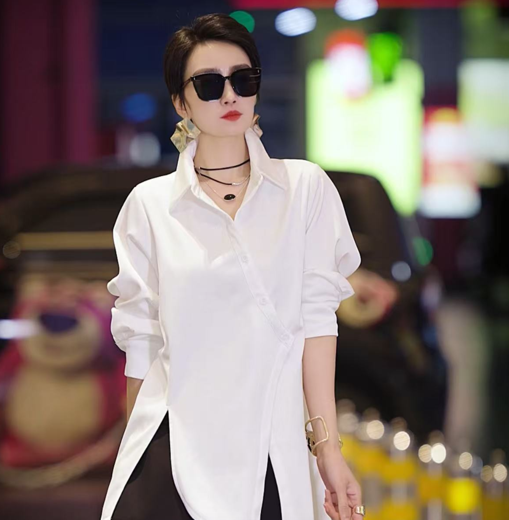 （萱萱精选）冷淡不规则开叉斜扣洋气别致衬衫