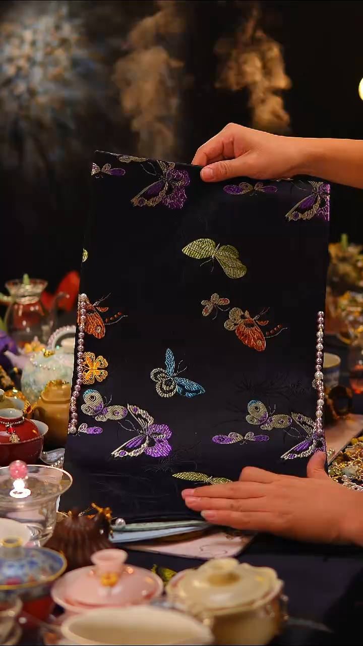 032 茶席茶席50x30cm*黑底蝴蝶
