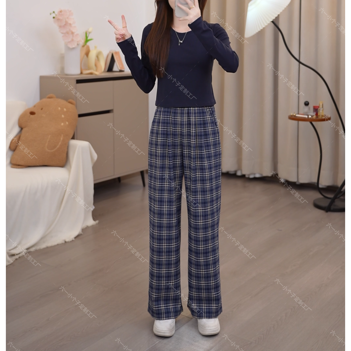 秋季小个子外穿百搭显瘦格纹常规款高腰直筒休闲裤复古