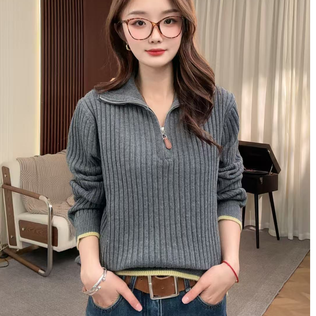 HMY5110801 2025新款竖坑条半拉链可立可翻领毛衣