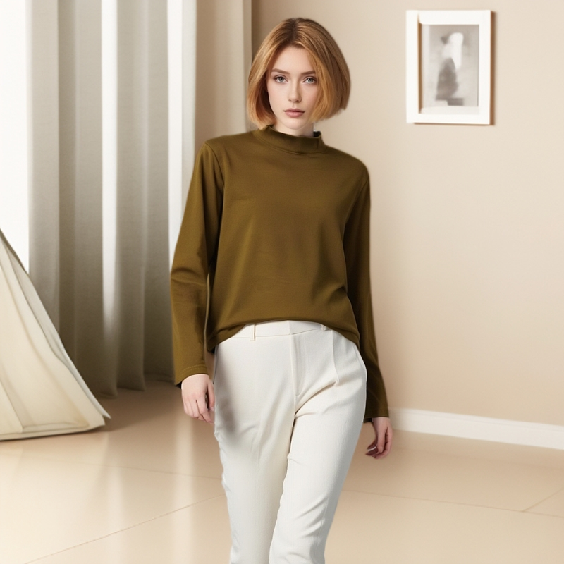 男女新款春季半高领常规保暖长款T恤时尚针织修身简约圆领打底衫