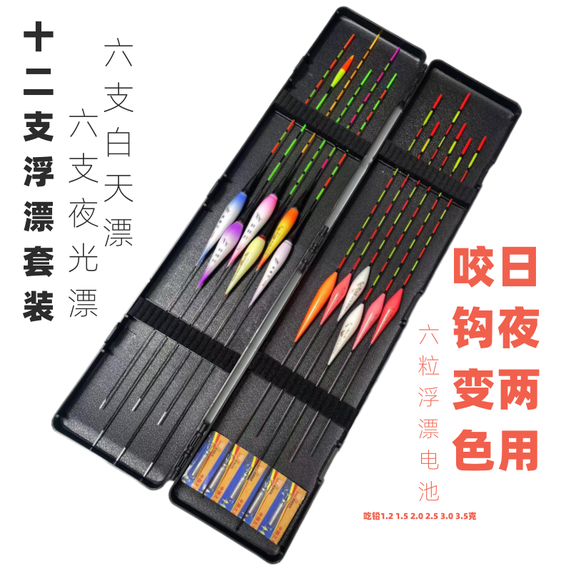 夜神月6支夜光漂+6支白天漂+6个电池+漂盒浮漂套装