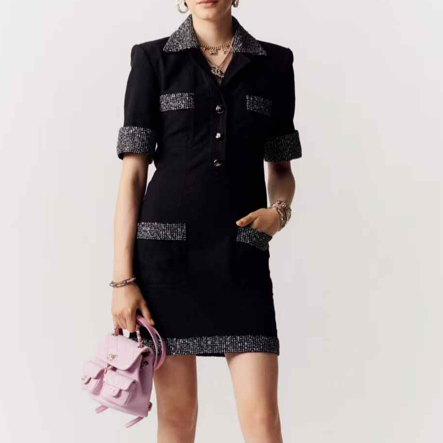 99新 Chanel/香奈儿  36码23P黑色拼亮片滚边四口袋短袖连衣裙