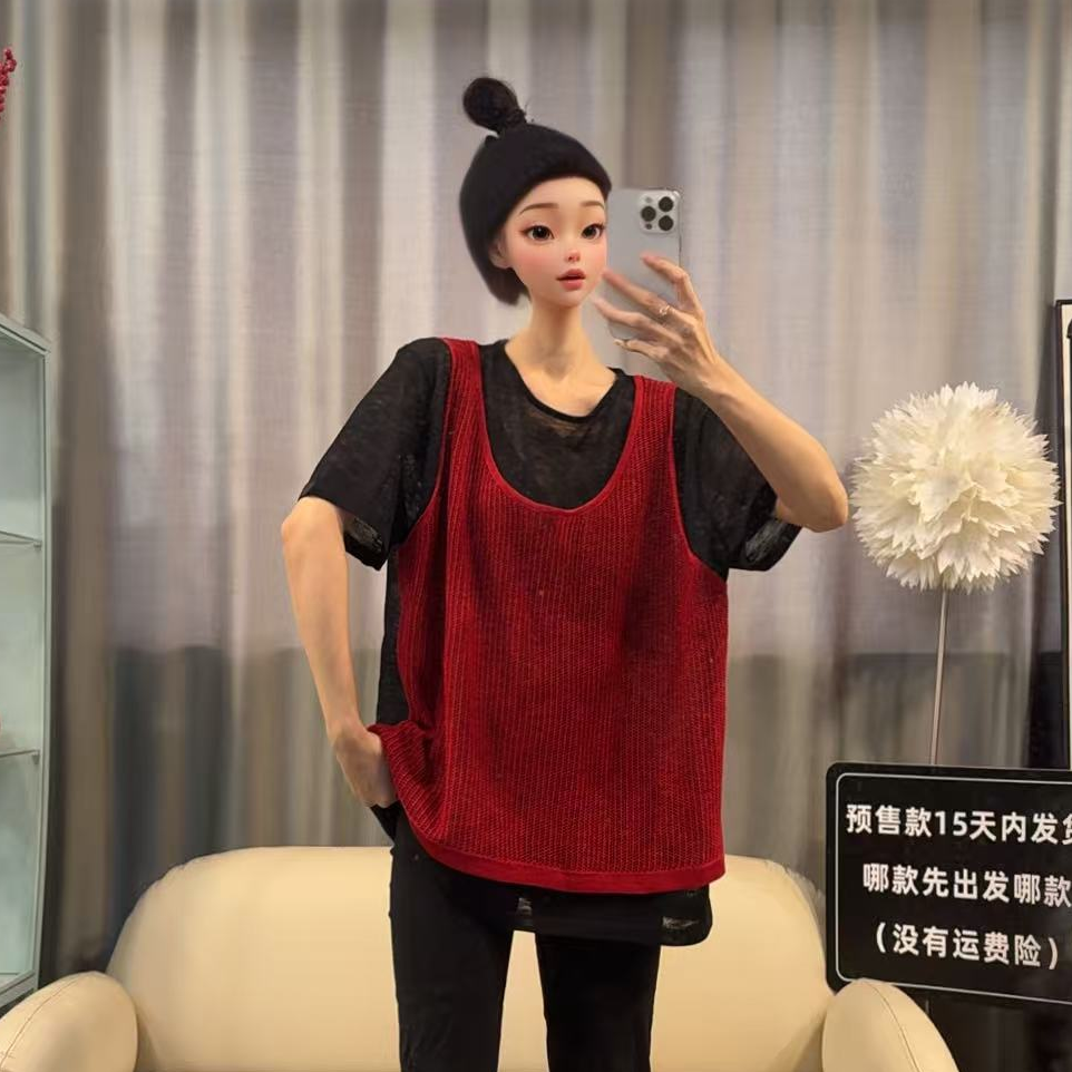 【文乐乐】夏季新款韩版洋气个性时尚休闲潮流百搭假两件T恤25027