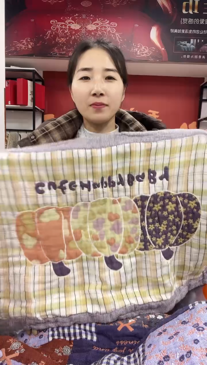 全棉南瓜枕巾刺绣八层棉纱