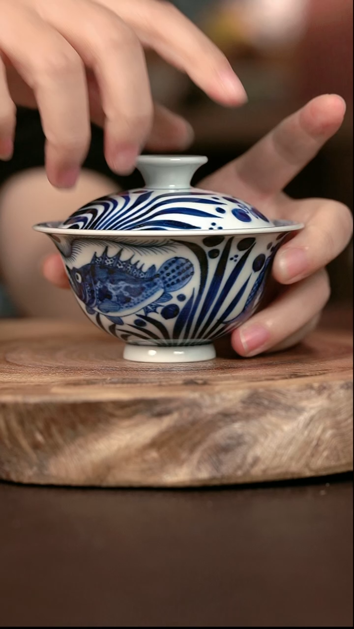 手绘微瑕 高温现代瓷 气窑  鱼藻 撇口小元宝100c