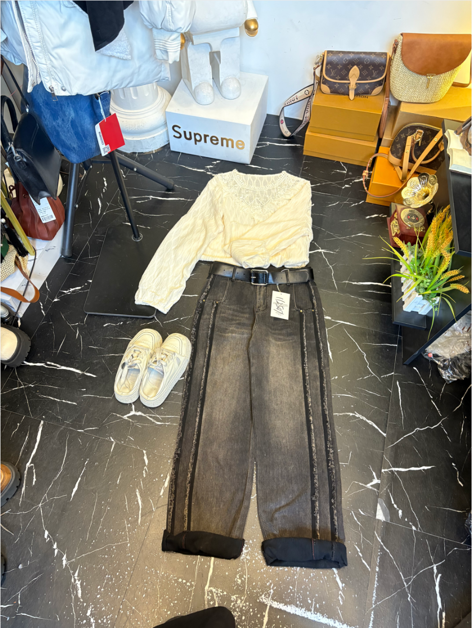 D25112507加绒加厚阔腿牛仔裤女时髦洋气高街休闲新款潮牌女装