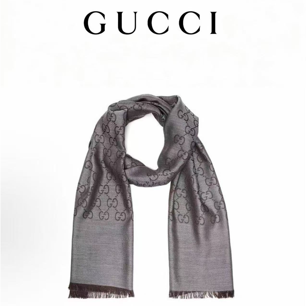 GUCCI/古驰羊毛中长款流苏 老花系列 绒线围巾 女款 深灰色