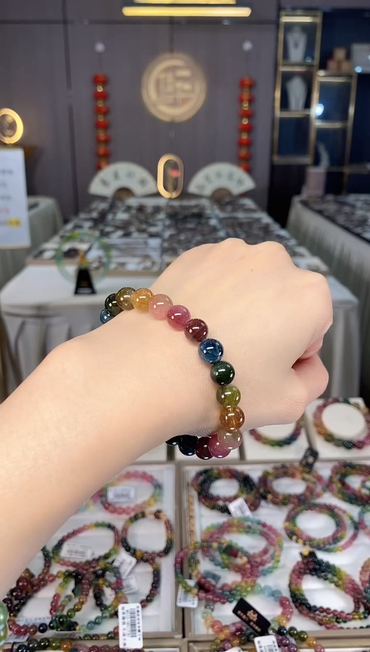 未镶嵌老矿碧玺色标彩虹单圈手串8mm+碧玺dan多样性发货一条