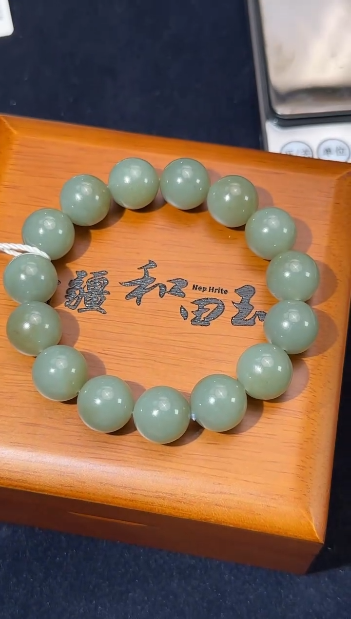 未镶嵌手串和田玉若羌唐青白微色差卡14圆珠手串