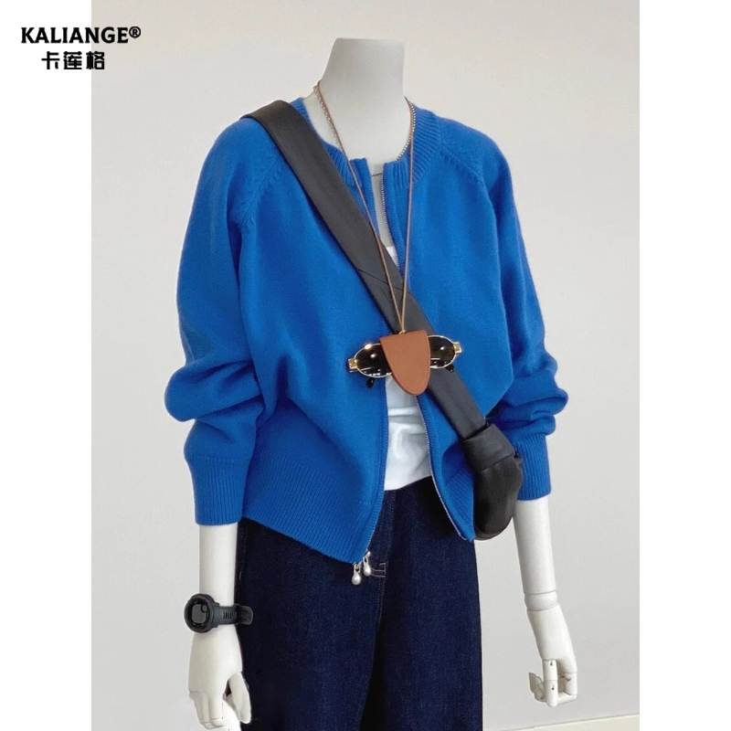 卡莲格/克莱因蓝色圆领针织开衫女秋冬双拉链设计感洋气毛衣外套