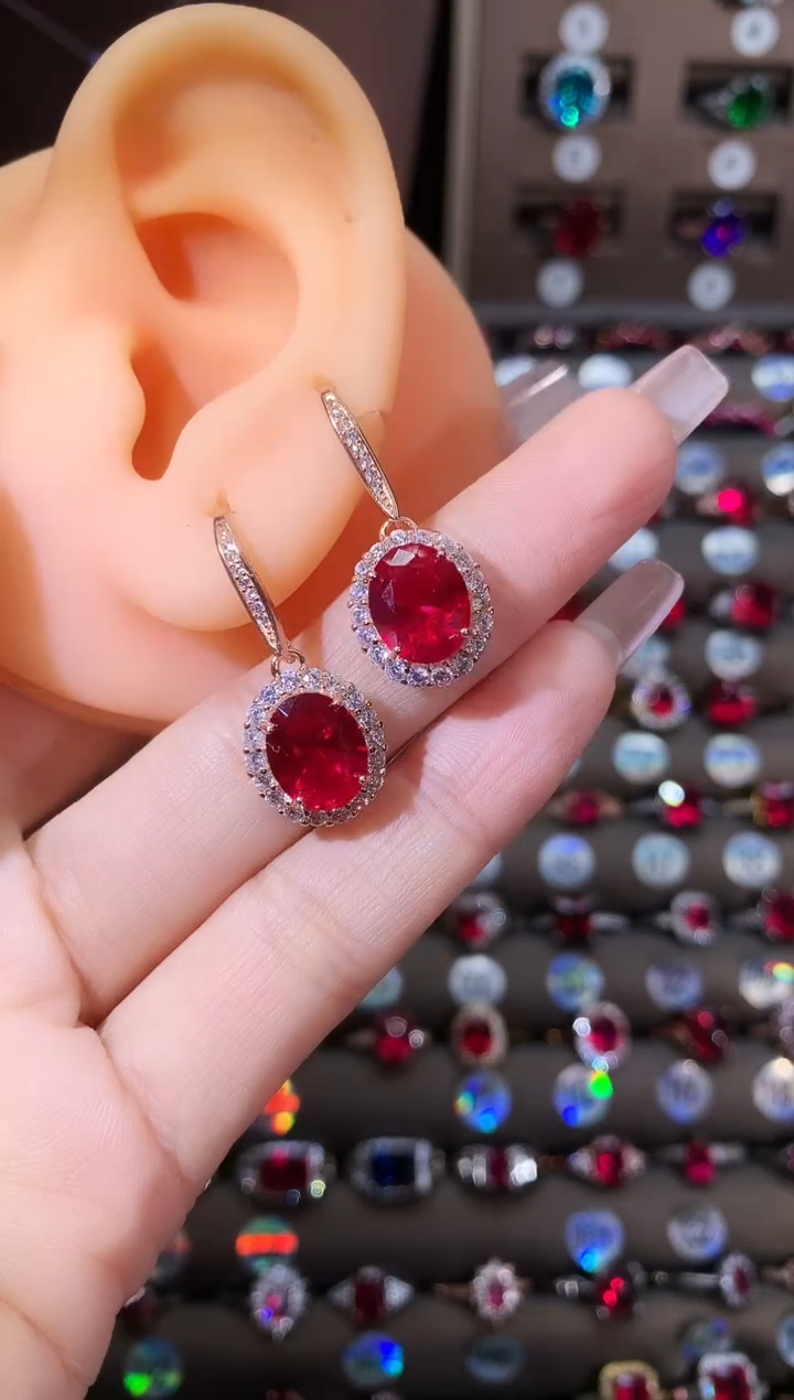 银S925镶嵌耳饰红宝石810玫瑰金