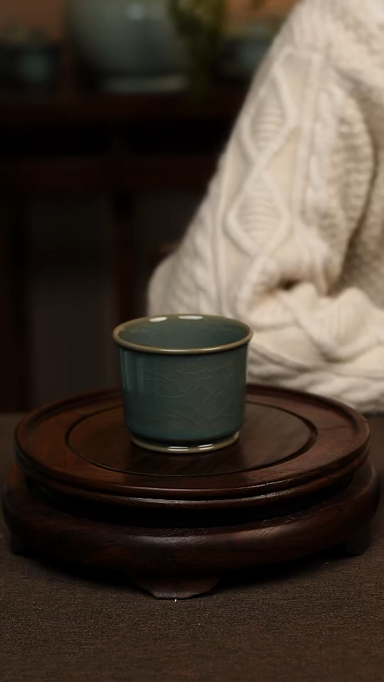 瓷片仿古青蓝釉全手工融天杯120ml 一级礼盒包装