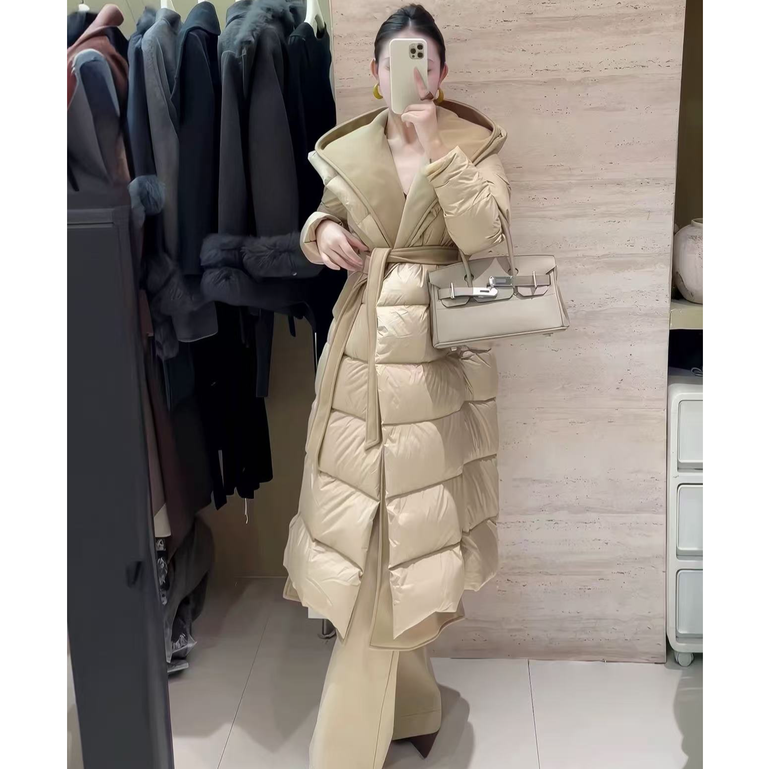 【雨萱】高级感欧货冬季大翻领可拆卸双面尼长款收腰显瘦羽绒服8888