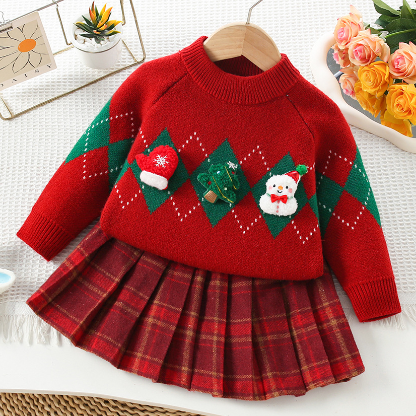 女童毛衣裙套装加厚宝宝圣诞新年红色韩版格子裙表演裙2025新款潮