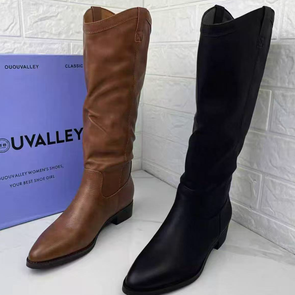 7360  时装靴高跟粗跟长靴牛仔靴长筒时尚女鞋尖头