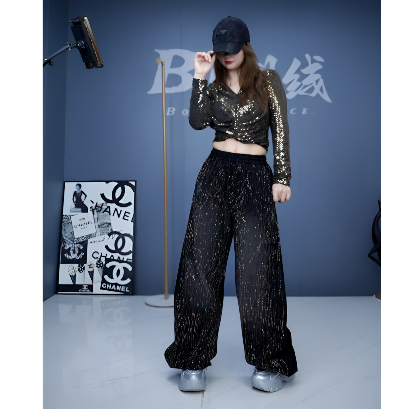 2560款休闲风牛仔裤潮服满钻阔腿裤渐变中腰时尚女黑色烫钻裤子