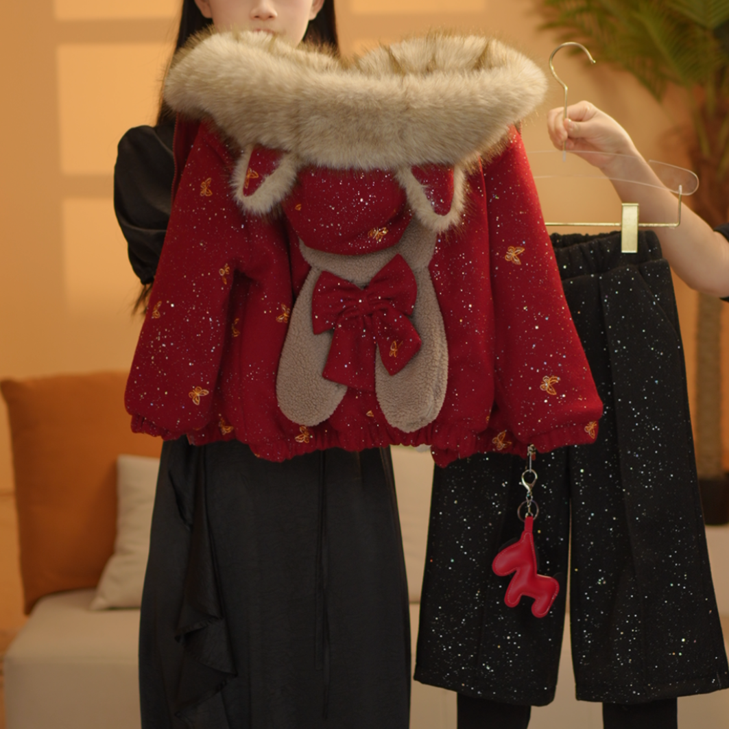 女童组合冬季2025年元旦新年连帽刺绣蝴蝶加厚加绒外套DWT25291