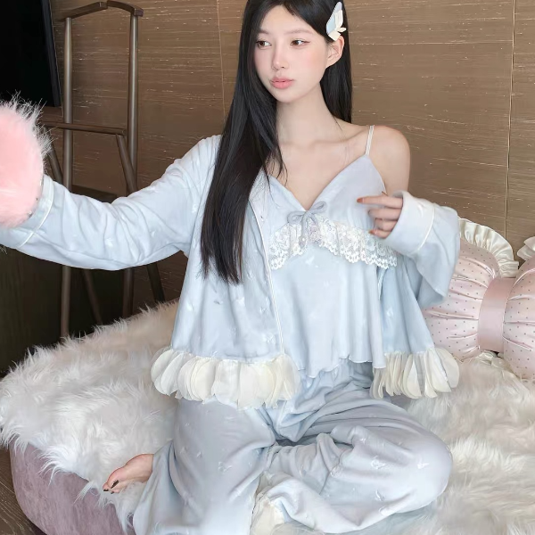  【现货】韩版蝴蝶花瓣ins风轻奢舒适双面海岛绒睡衣家居服套装