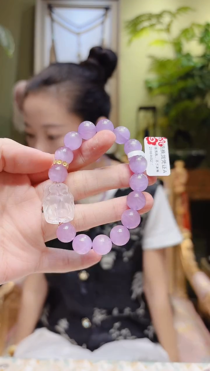 【闪购商品】锂辉石手串18K金镶嵌白水晶凤九花环紫锂辉手串