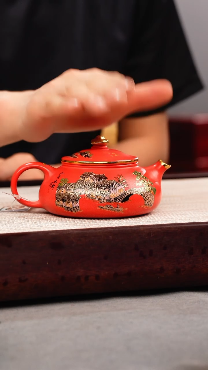 茶壶紫砂玫红朱泥 寒江 忆江南珐琅彩