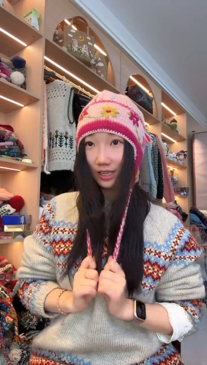 羊毛美利奴粉色山茶花护耳