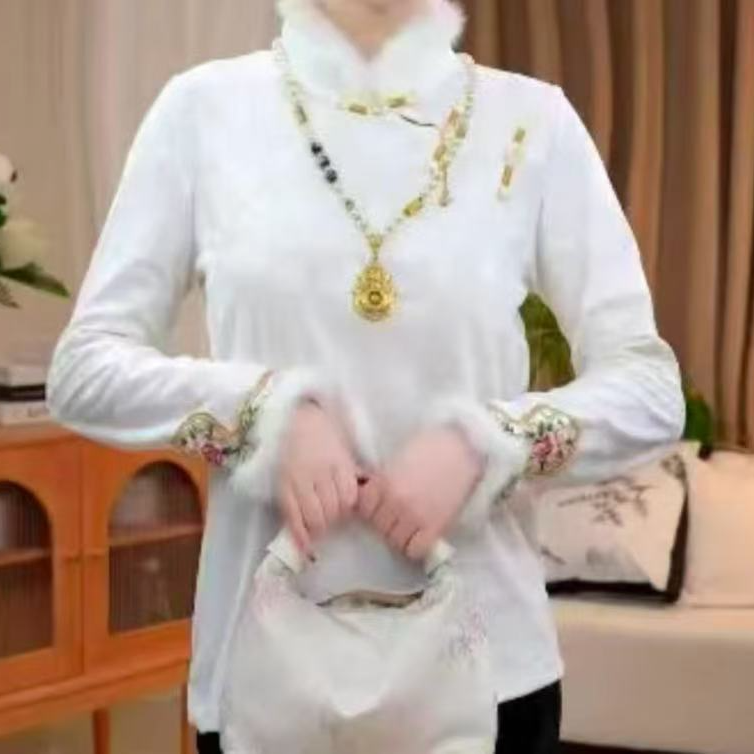 冬季新款内搭国风复古时尚加绒小衫2025D3682白桦布卓尔仓