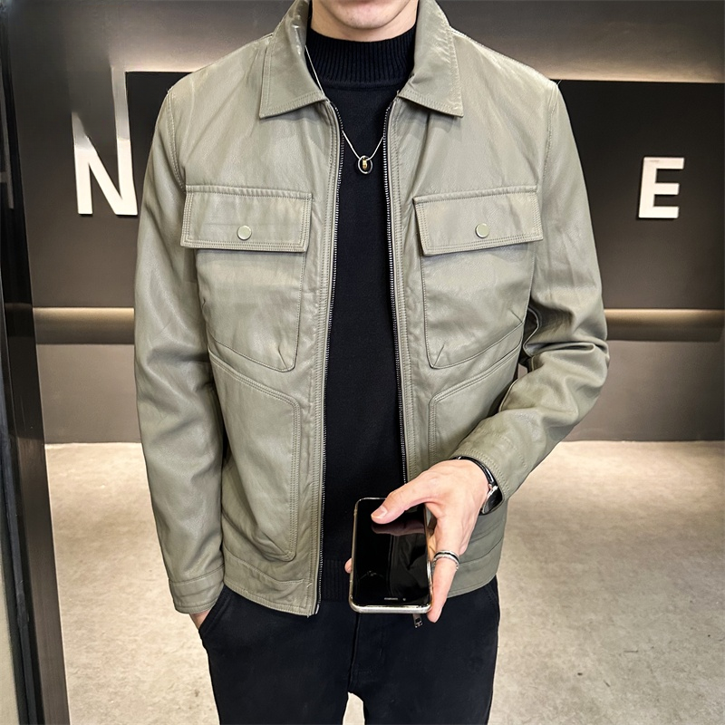 业速春秋季新款复古软皮衣韩版帅气潮流修身翻领时尚短款外套男