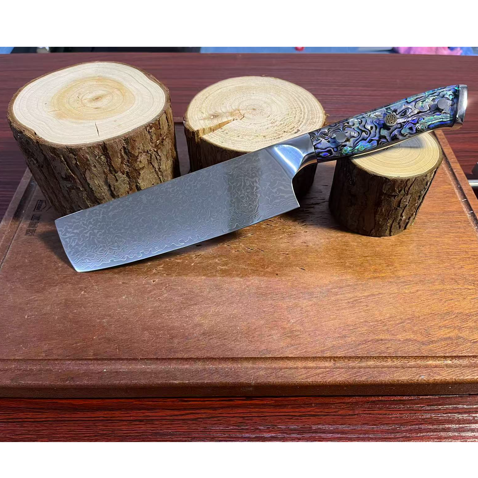 蓝色贝壳手柄堆叠纹大马主厨小菜切刀