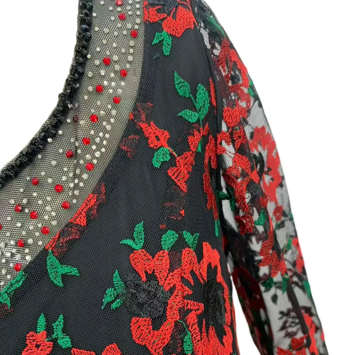 花朵刺绣网纱经典黑红长袖连衣裙花色黑色圆领长款气质复古8677