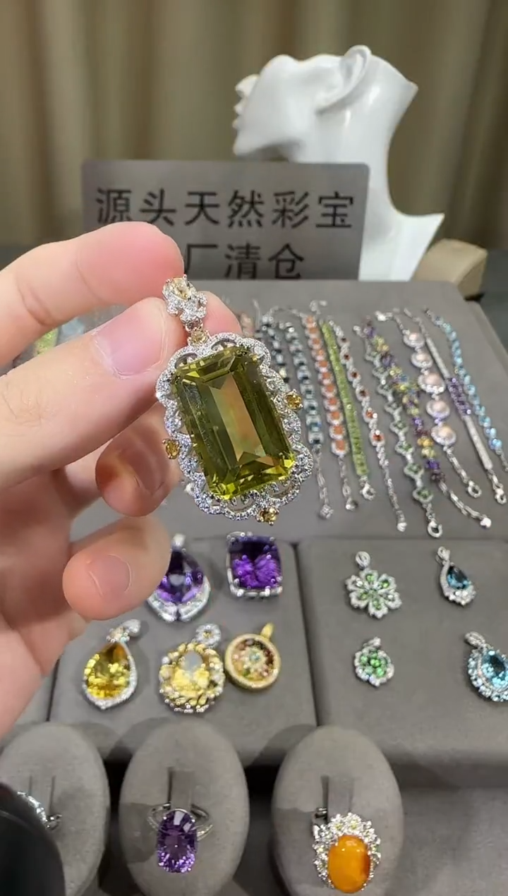 颈饰银S925镶嵌水晶13*20mm吊坠柠檬晶吊坠