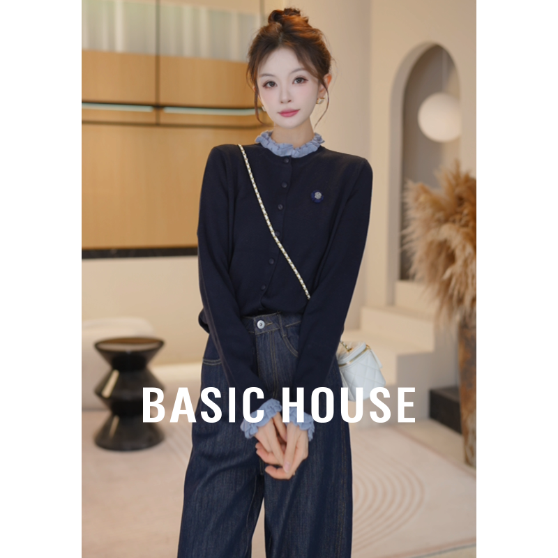 Basic House/百家好秋季新款圆领单排扣针织开衫B1195B5Z122