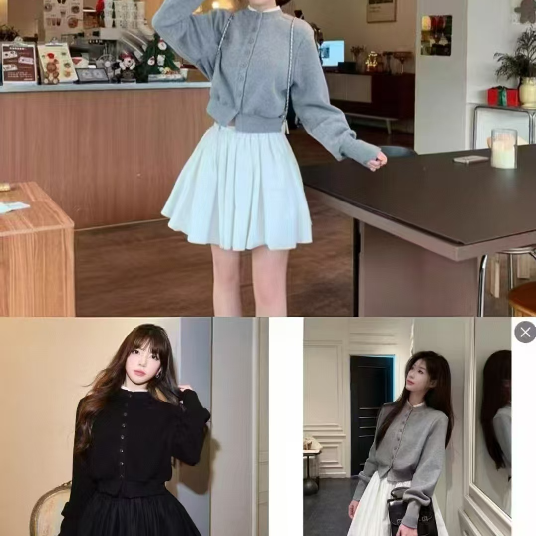 大码千金学院风设计感针织开衫外套蓬蓬半身裙套装-25006