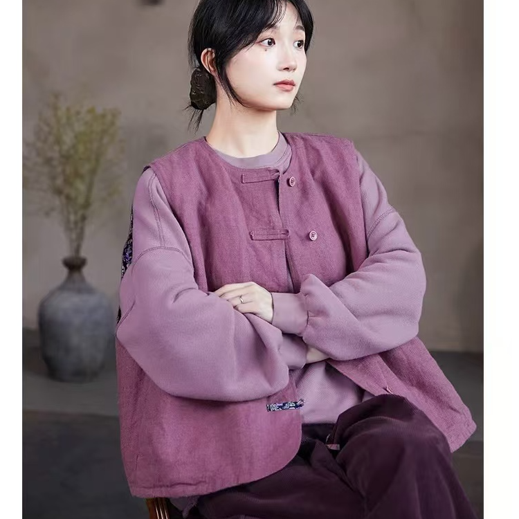 冬款胭脂色夹棉3M新雪丽汉码古典高气质女圆领马甲棉服H8081