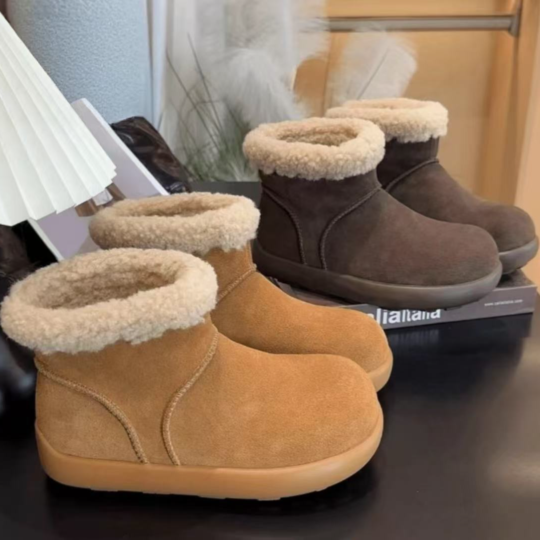 A时尚雪地靴女款加绒翻毛雪地靴女鞋厚底加绒短筒铁头